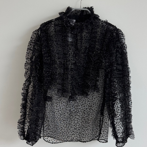 Akris Punti black Sheer Ruffle Top with gold dot details Size 2